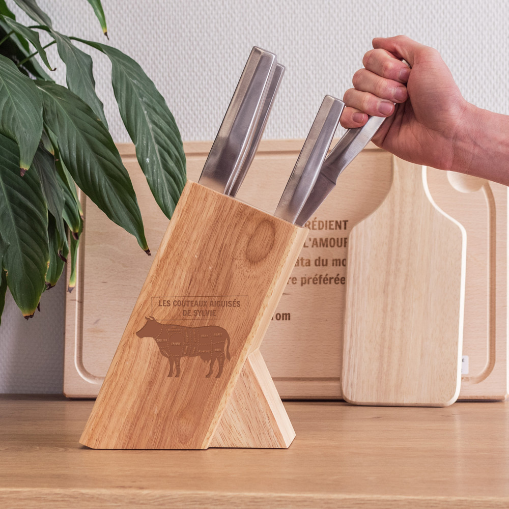Bloc de couteaux de cuisine en bois gravé motif bœuf