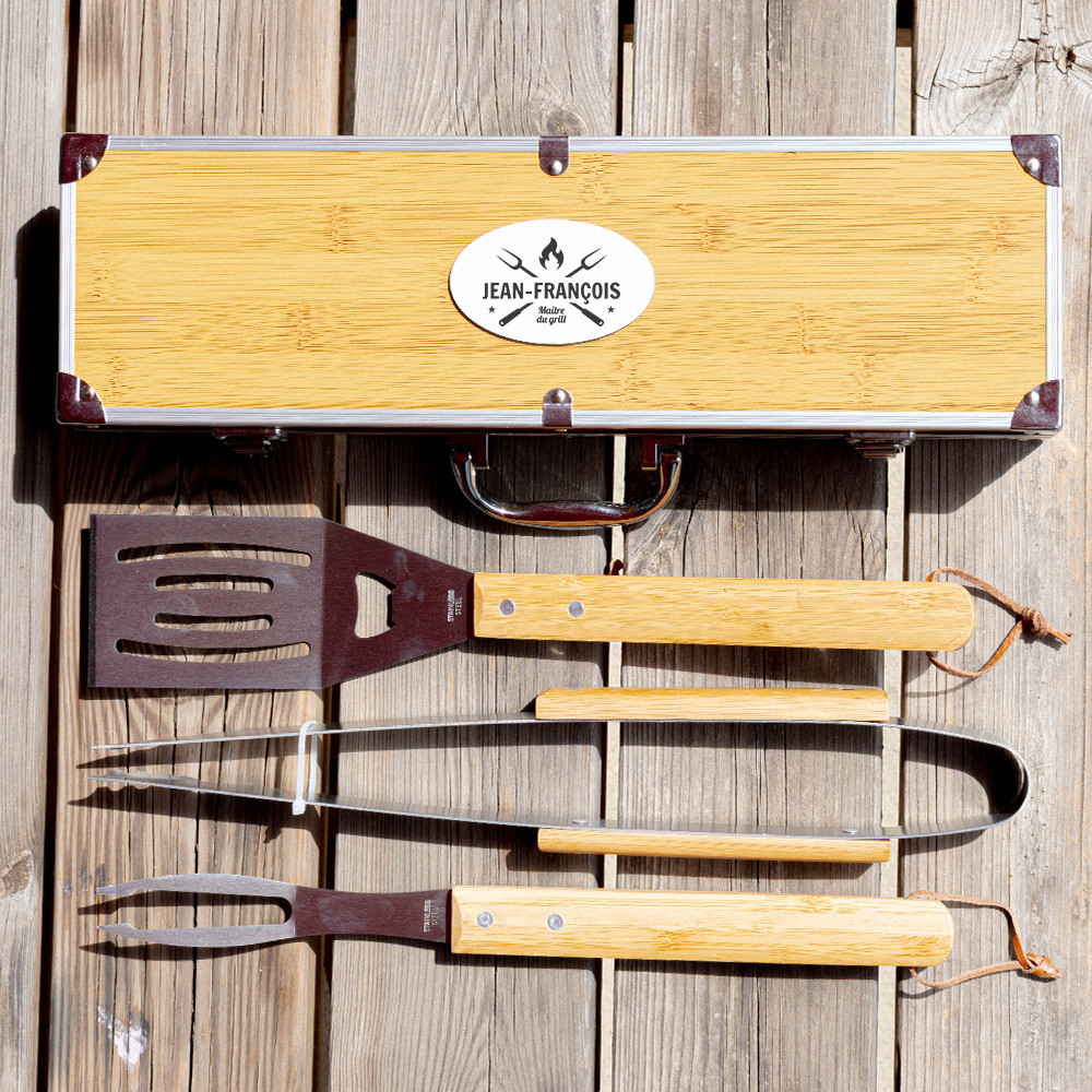 Set ustensiles barbecue personnalisés gravure bois