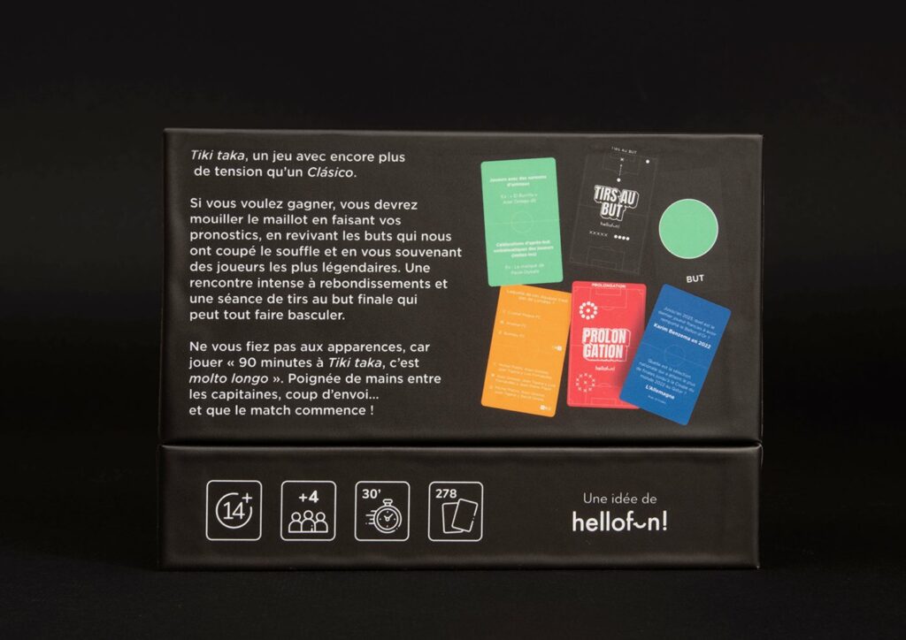 Dos de la boîte Tiki Taka avec la présentation du jeu et des exemples de cartes