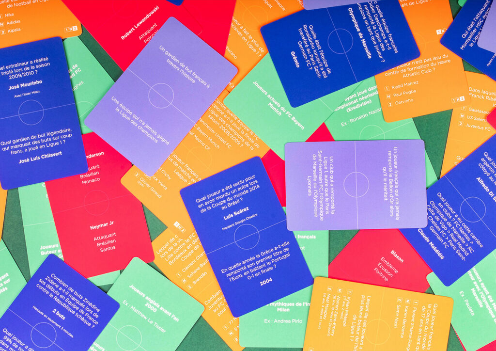 Exemples de cartes du jeu Tiki Taka avec des questions sur le football
