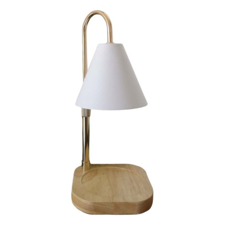 Lampe chauffe-bougie Candelia : base en bois, bras doré réglable et abat-jour blanc