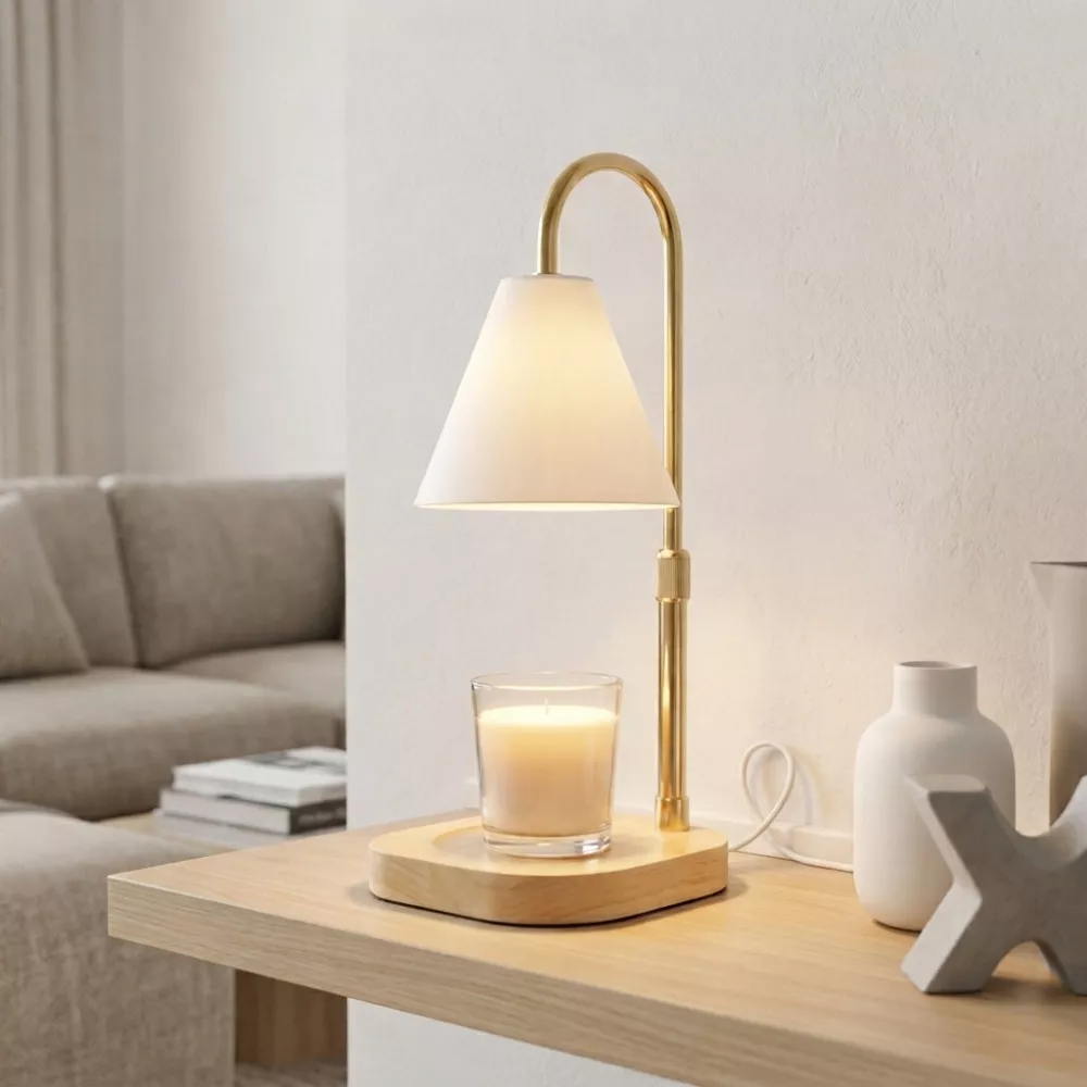 Lampe chauffe-bougie Candelia sur une console de salon : la bougie fond sous l'abat-jour, mèche éteinte